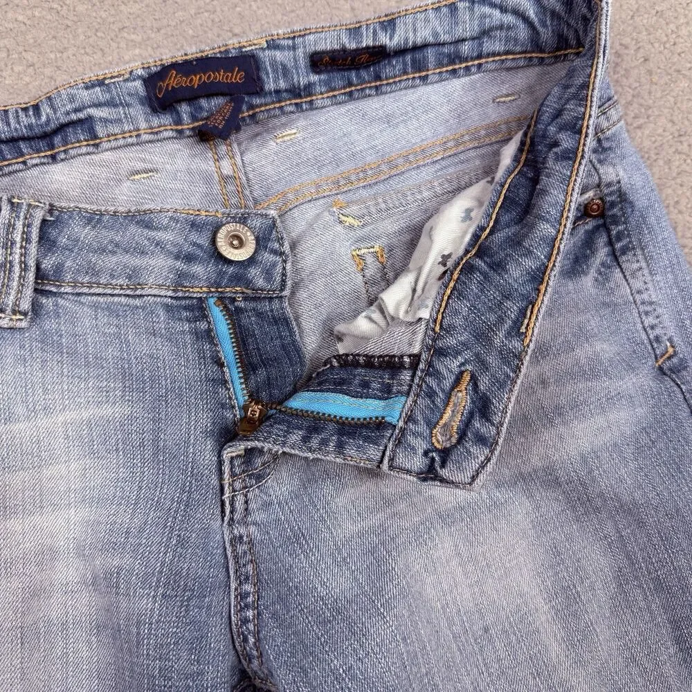 Aeropostale Flare Jeans Womens 3/4S Light Wash Low Rise Y2K Stretch Denim Flap